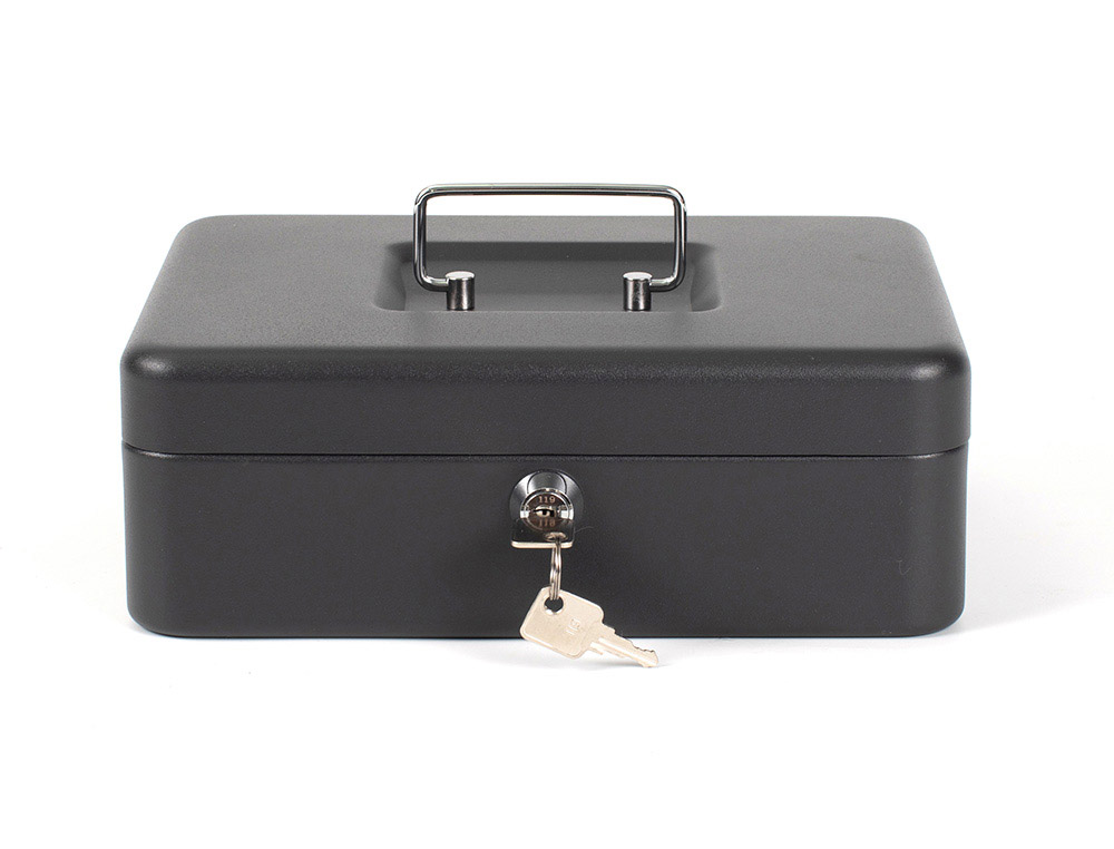 937607g-1.jpg Caisse monnaie q-connect structure acier 0.8mm épaisseur plateau amovible espace billets 250x180x90mm coloris noir – Image 1