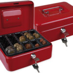 Caisse monnaie q-connect structure acier 0.8mm épaisseur plateau amovible espace billets 200x160x90mm coloris rouge