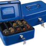 Caisse monnaie q-connect structure acier 0.8mm épaisseur plateau amovible espace billets 200x160x90mm coloris bleu