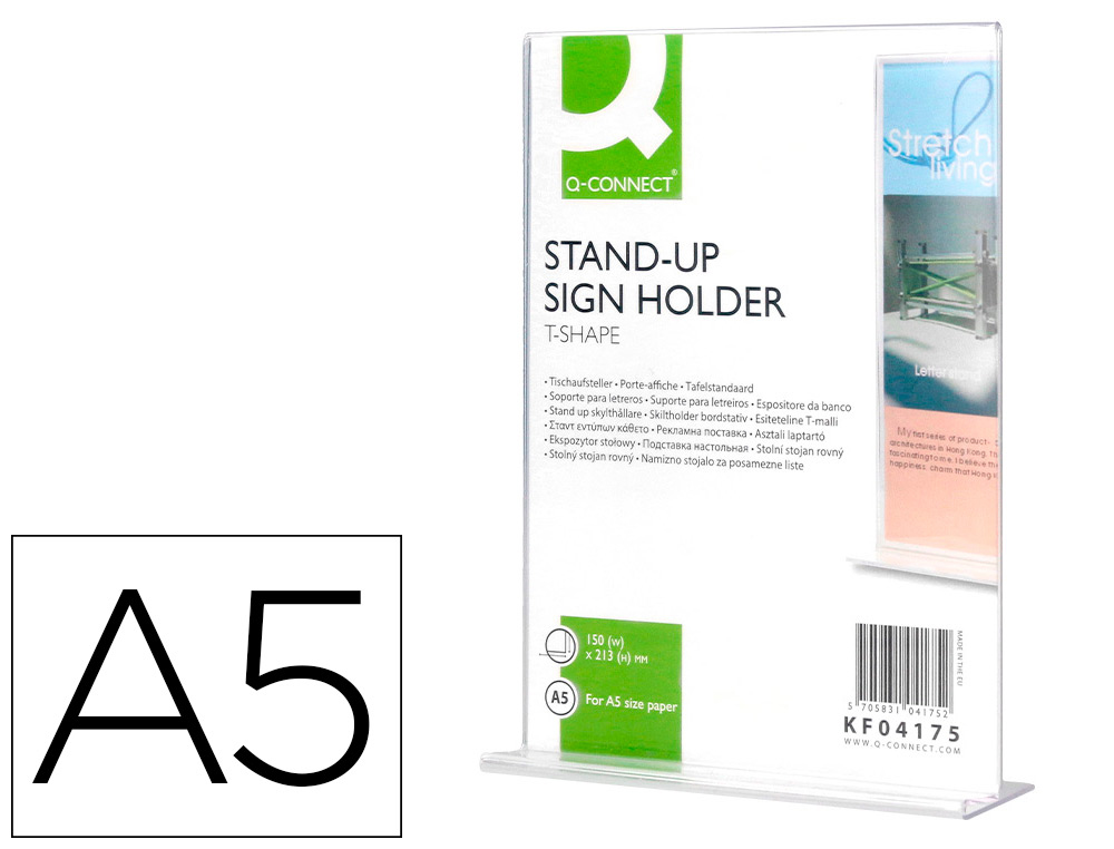 939935g-1.jpg Porte-visuels q-connect 02 forme t 2 faces plexiglas format a5 cartes menu restaurants feuillets informatifs – Image 1