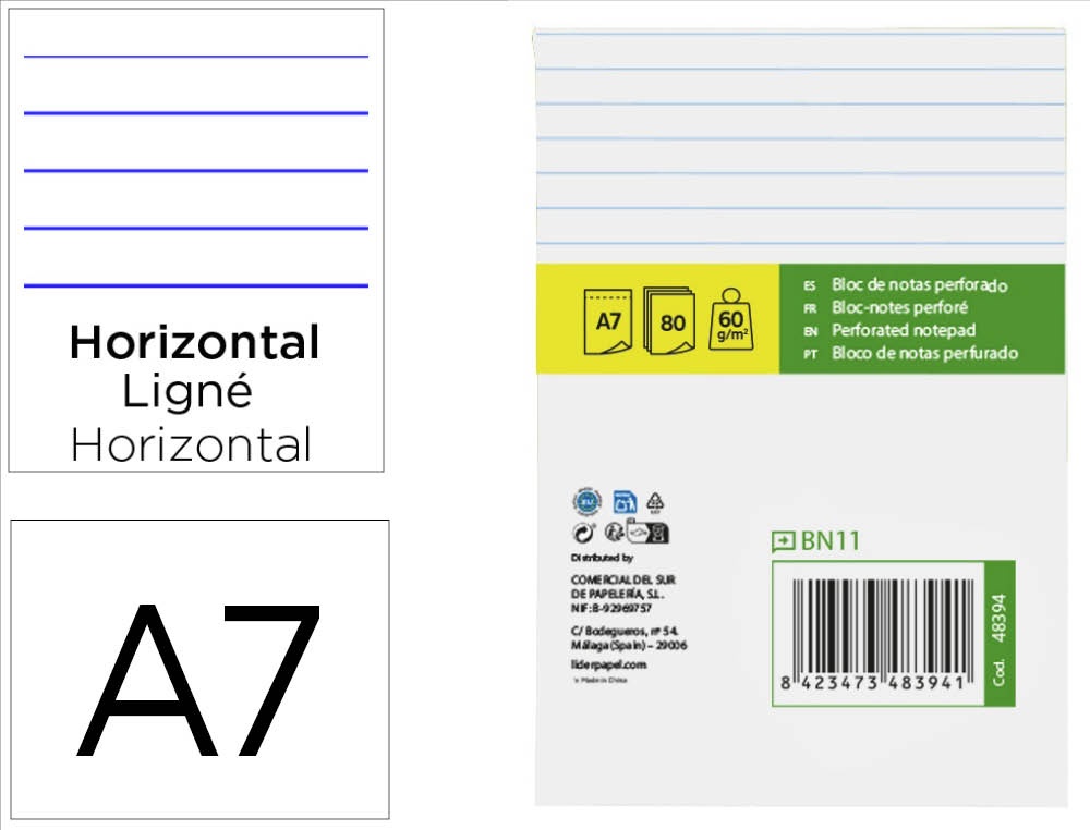 948394g-1.jpg Bloc notes liderpapel perforé ligné a7 105x74mm paysage couverture carton imprimé 250g/m2 80f 60g/m2 – Image 1