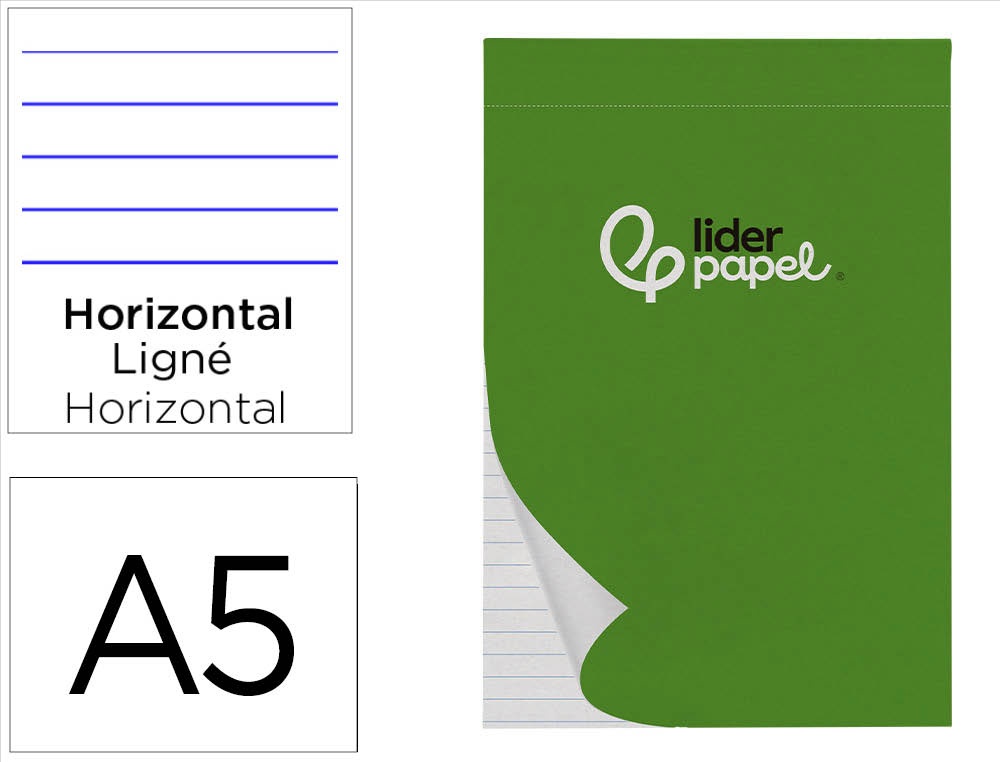 948396g-1.jpg Bloc notes liderpapel perforé ligné a5 210x148mm paysage couverture carton imprimé 250g/m2 80f 60g/m2 – Image 1
