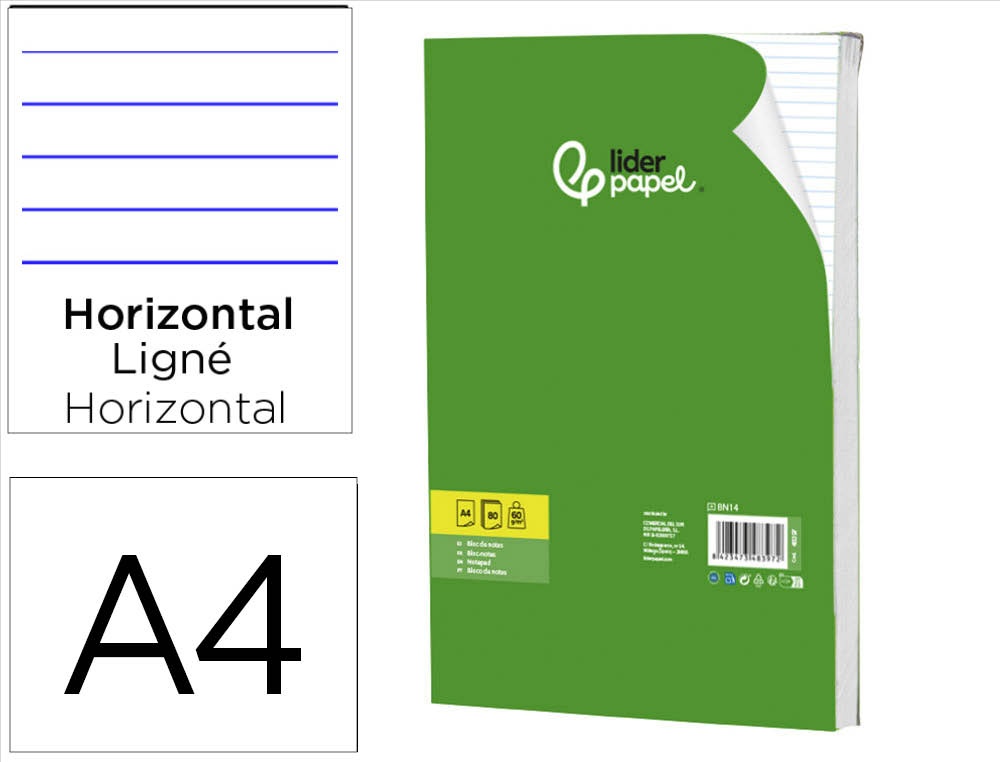 948397g-1.jpg Bloc notes liderpapel ligné a4297x210mm couverture carton imprimé 250g/m2 80f 60g/m2 – Image 1