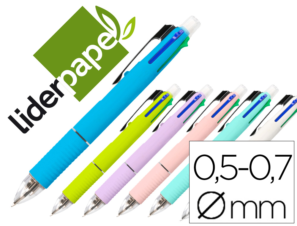 972697g-1.jpg Stylo-bille liderpapel 5 en 1 pointe 0.5mm trait 0.7mm rétractable 4 couleurs d'encre porte-mine 0.5mm gomme – Image 1