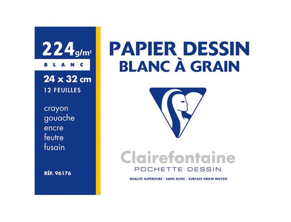 99208g-1.jpg Papier dessin clairefontaine grain léger prononcé sans acide blancheur naturelle 224g a4+ pochette 12f – Image 1